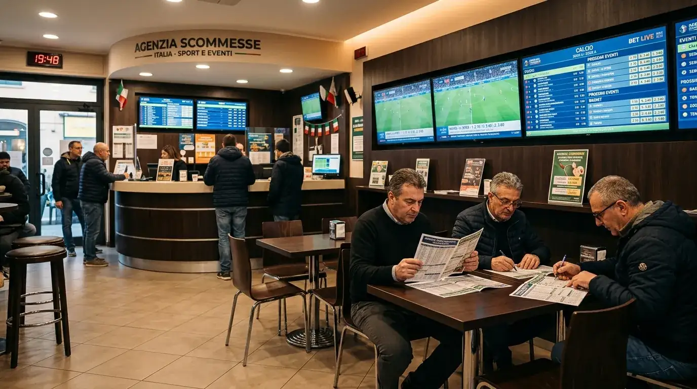 Interno di sala scommesse italiana con schermi di palinsesto sportivo
