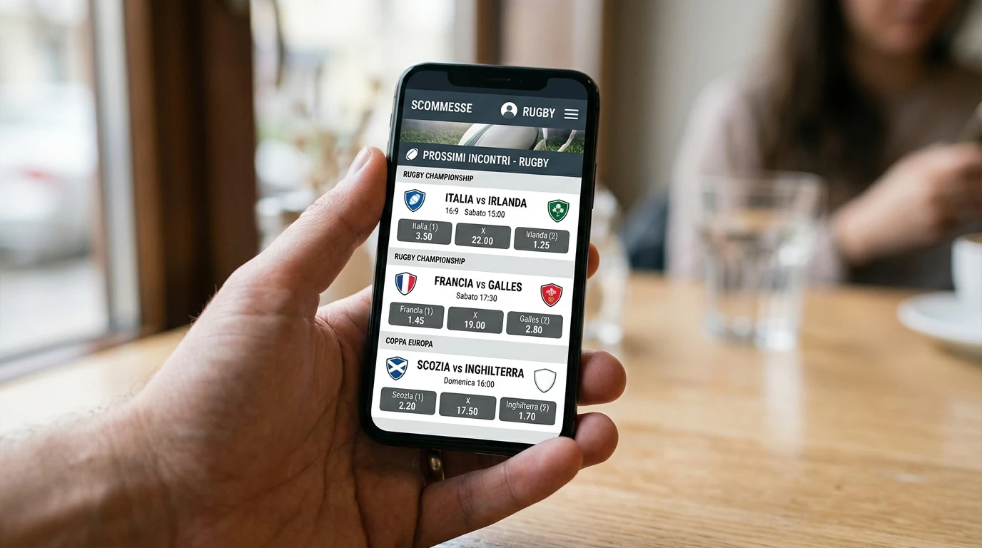 Smartphone mostra interfaccia di scommesse sportive con palinsesto rugby
