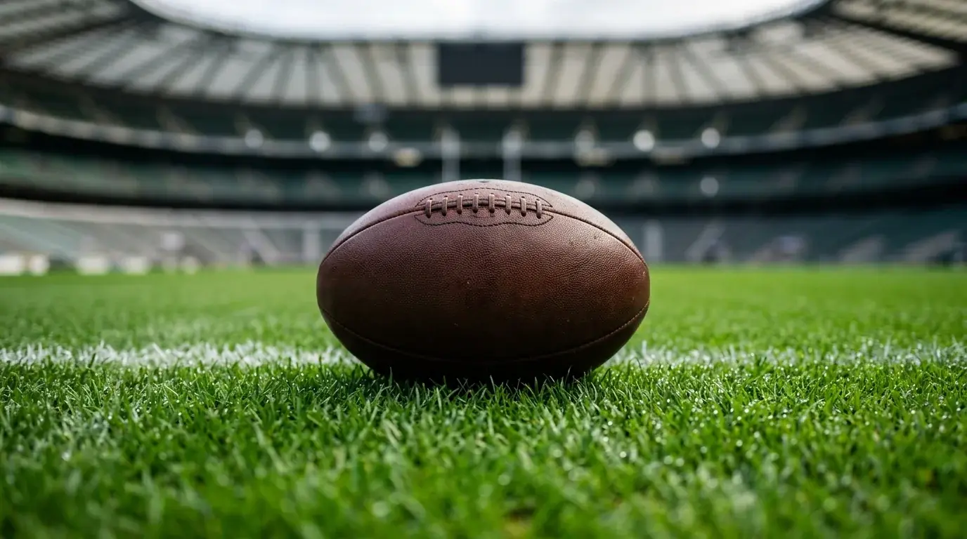 Palla ovale da rugby su prato di stadio internazionale