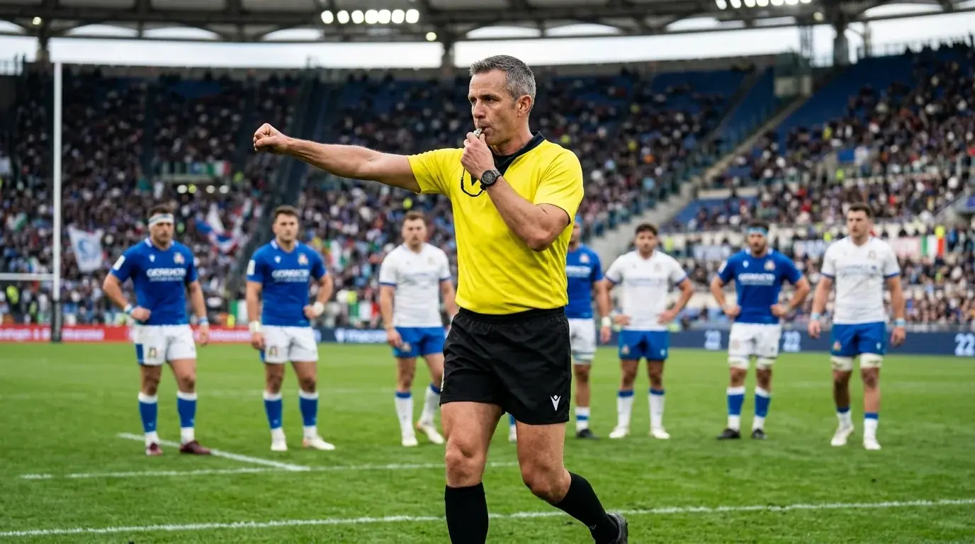 Arbitro di rugby fischia una decisione con i giocatori in attesa