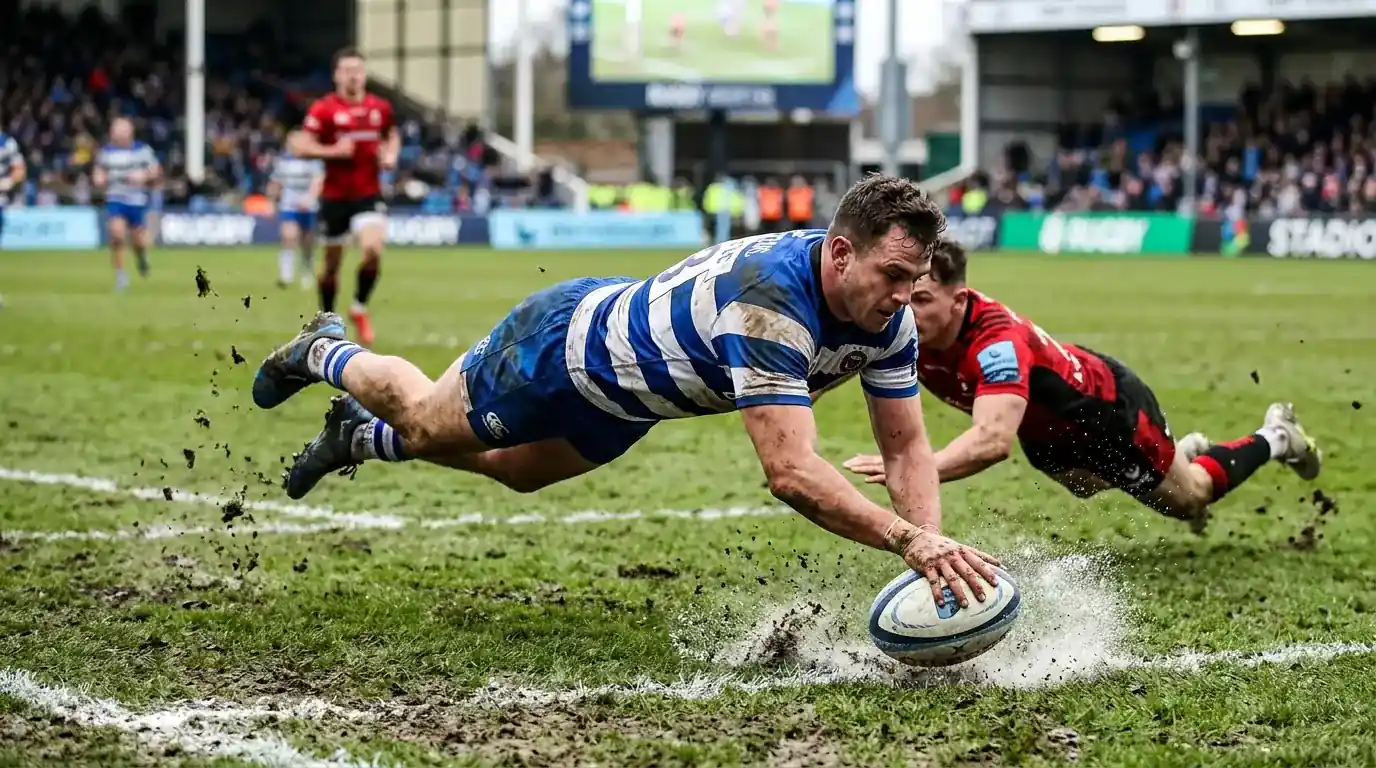Giocatore di rugby segna una meta tuffandosi in area di meta